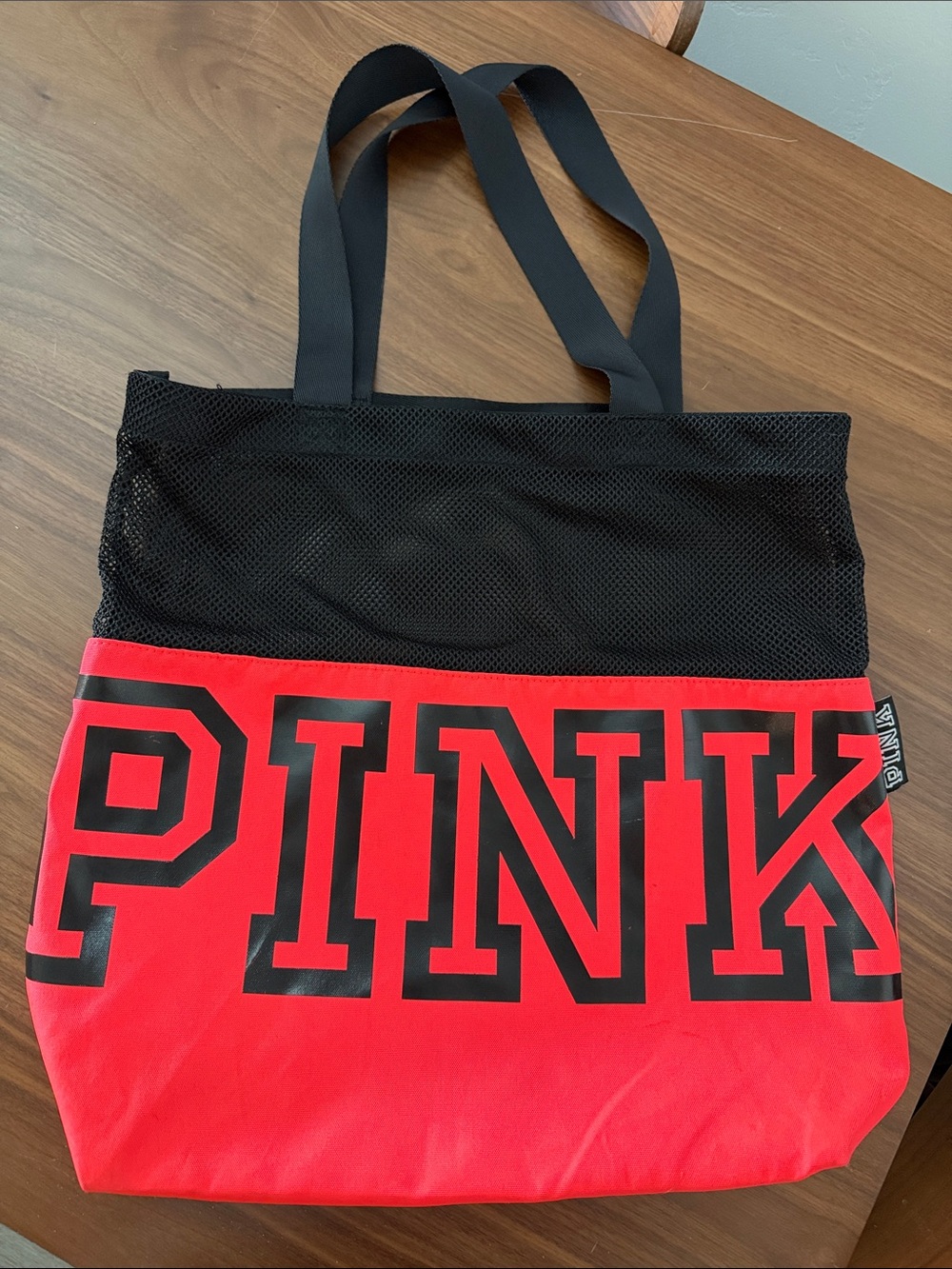 PINK Victoria's Secret Black & pink/red Mesh Logo Tote